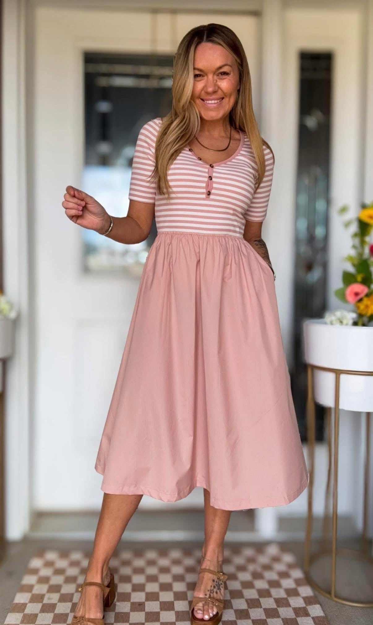 V Neck 3/4 Sleeve Striped Top MIDI Dress w/Pockets