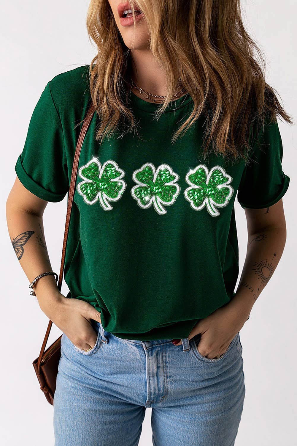 Green St Patrick Clover Patch Sequin Graphic Top