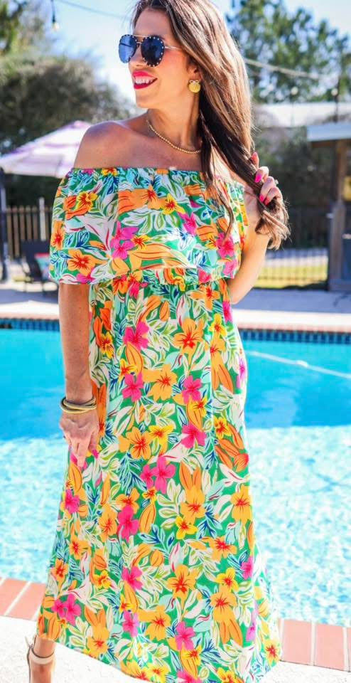 Hawaiian Floral Off Shoulder Maxi