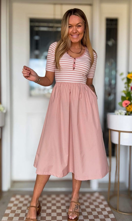 V Neck 3/4 Sleeve Striped Top MIDI Dress w/Pockets