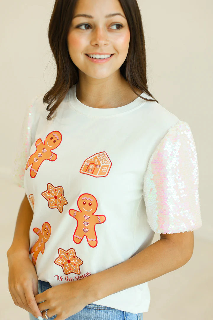 Ginger Bread on White Top with Sequin Sleeves