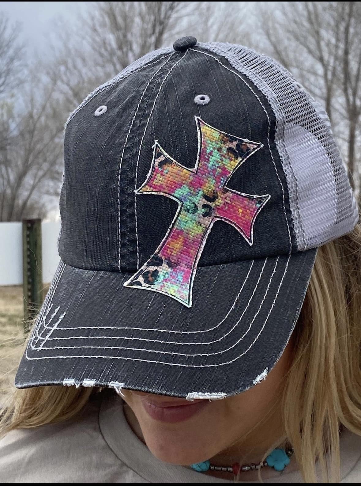 Embroidered Gray Cross Hat