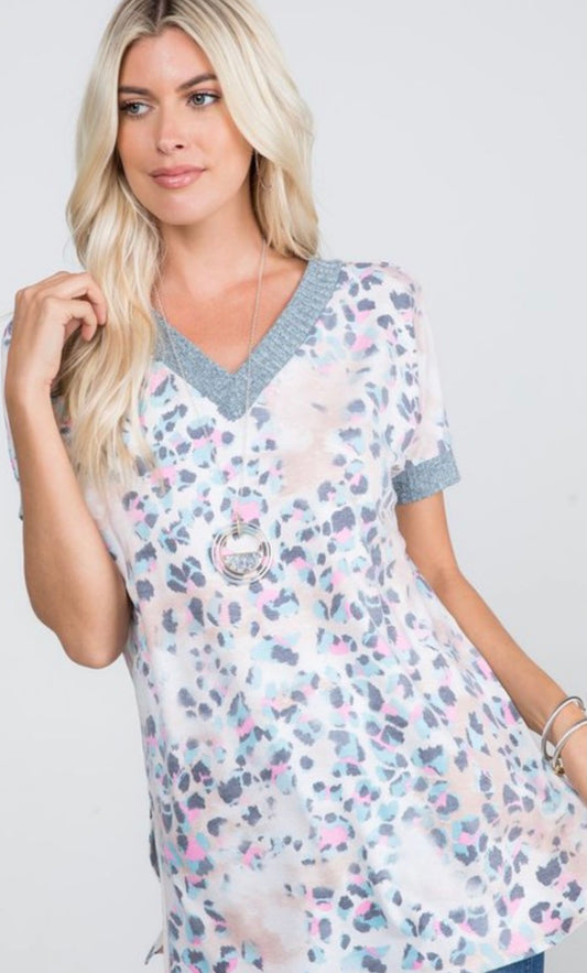 Pink and Blue Print V Top