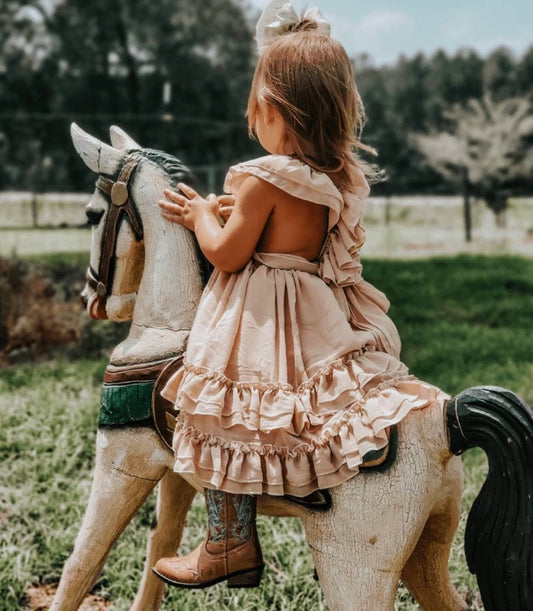 Ruffle Me - Dress in Toupe and Scarlet Red