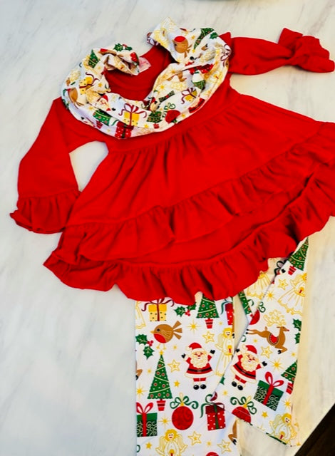 Christmas Ruffle Pant Suit w/Scarf - Girls