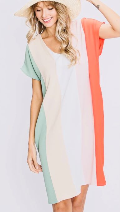 Color Blocking Vertical Striped Dress