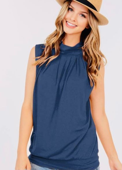 Mock Neck Pleated Sleeveless Top