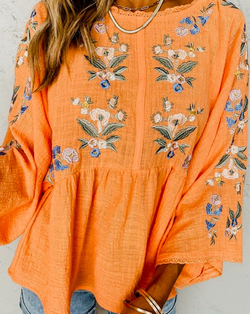 Orange Embroidered Floral Blouse