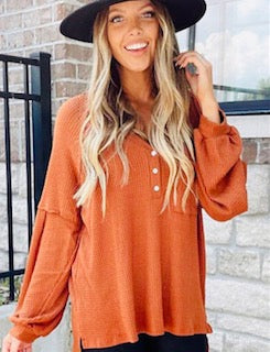 Orange V Neck Waffle Pullover