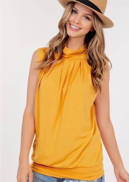 Mock Neck Pleated Sleeveless Top