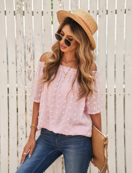 Off the Shoulder Pink Swiss Dots Lined Top