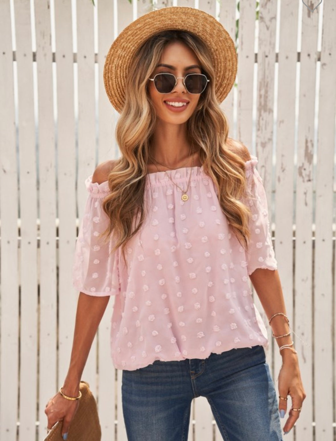 Off the Shoulder Pink Swiss Dots Lined Top