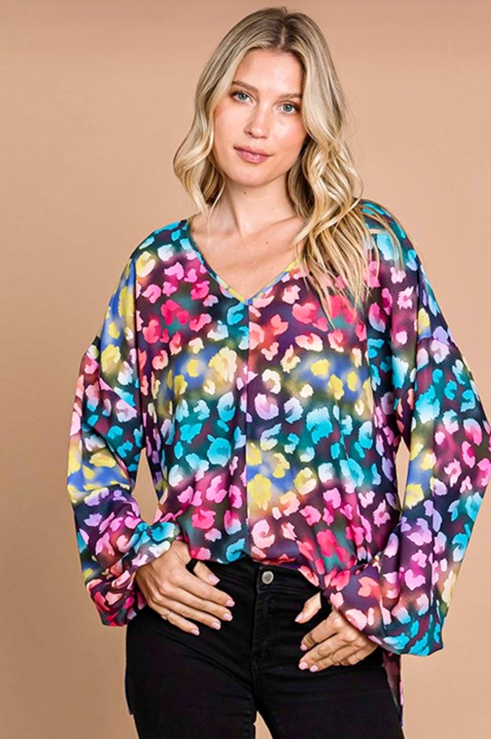 Multi Print Colorful V Neck Blouse