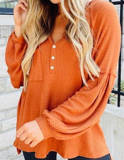 Orange V Neck Waffle Pullover