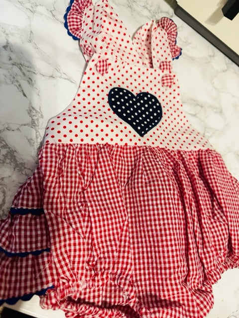 Red, White and Blue Gingham Heart Ruffle Bubble Romper